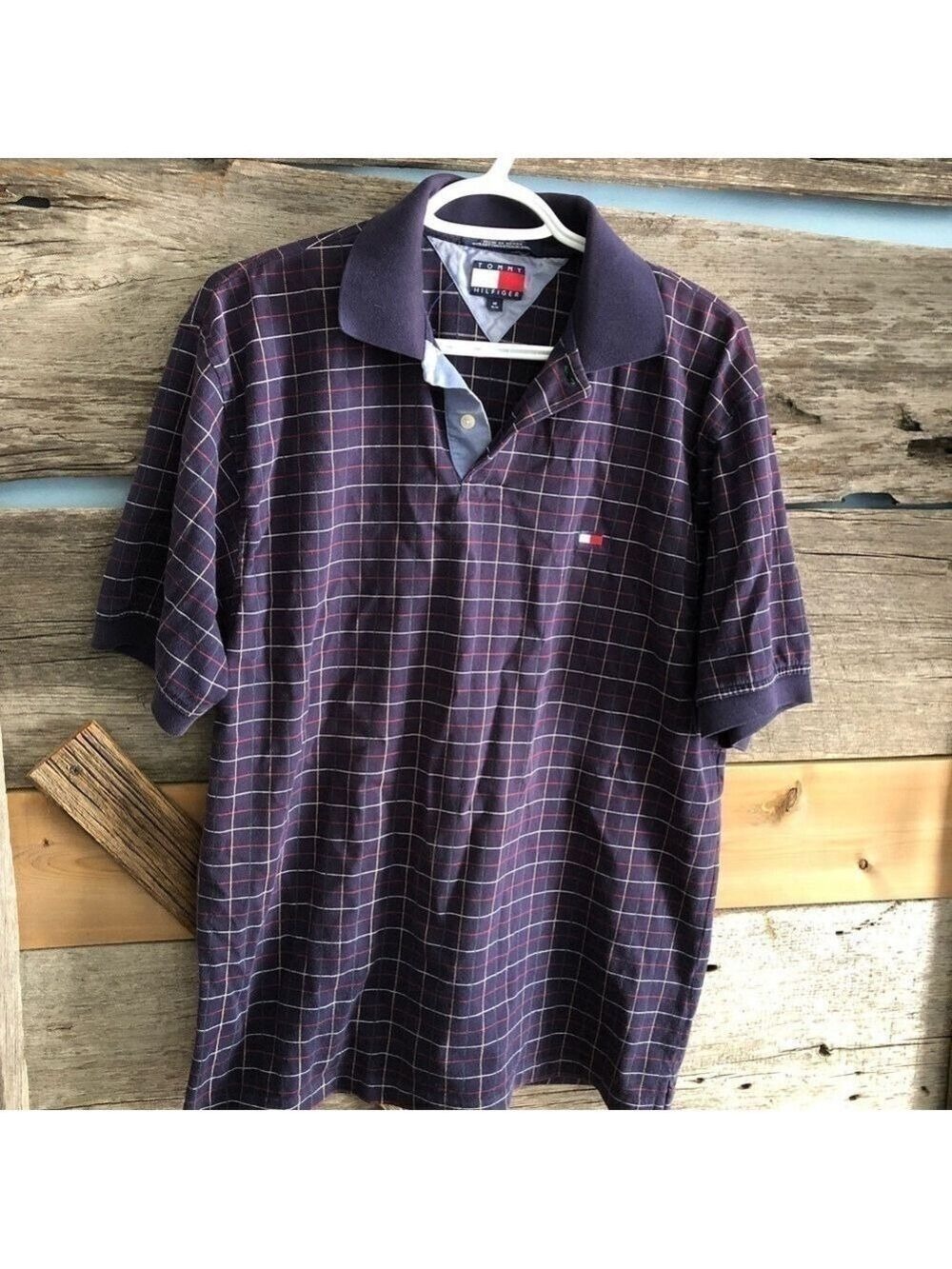 TOMMY Hilfiger Size Med Navy Plaid Polo Shirt